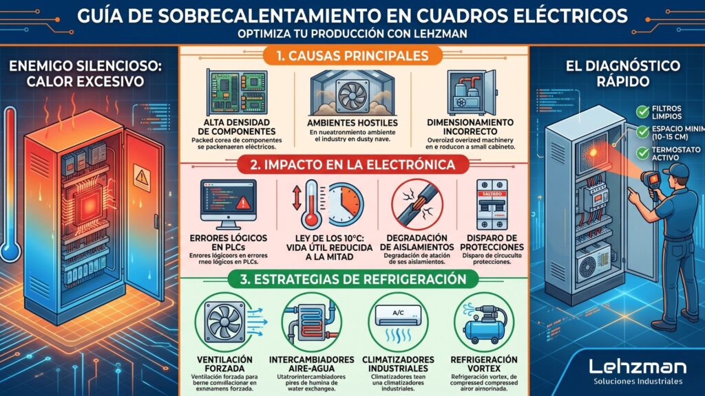 infografía visual sobre guía de sobrecalentamiento en cuadros eléctricos