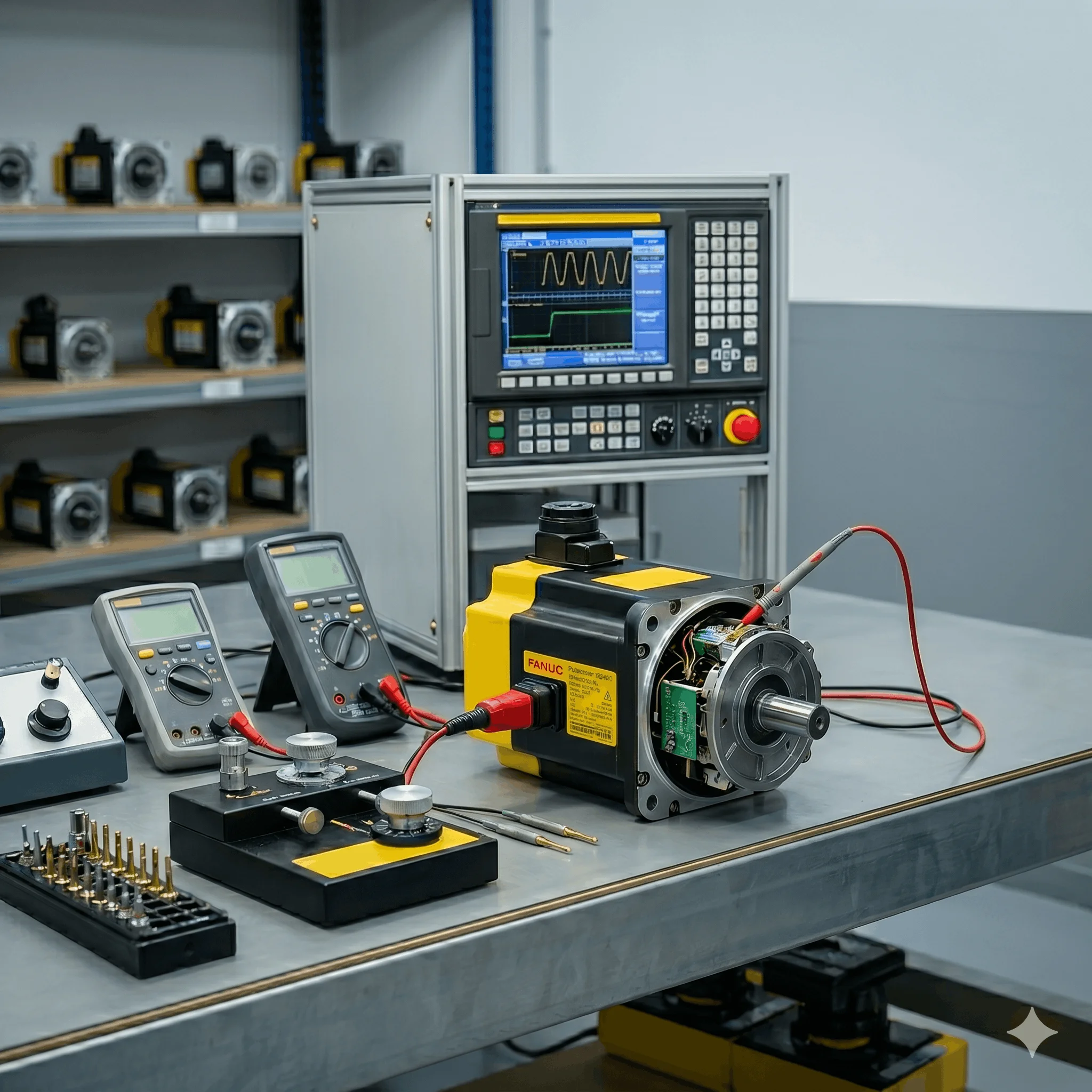 servomotor fanuc encima de la mesa del taller para ser reparado